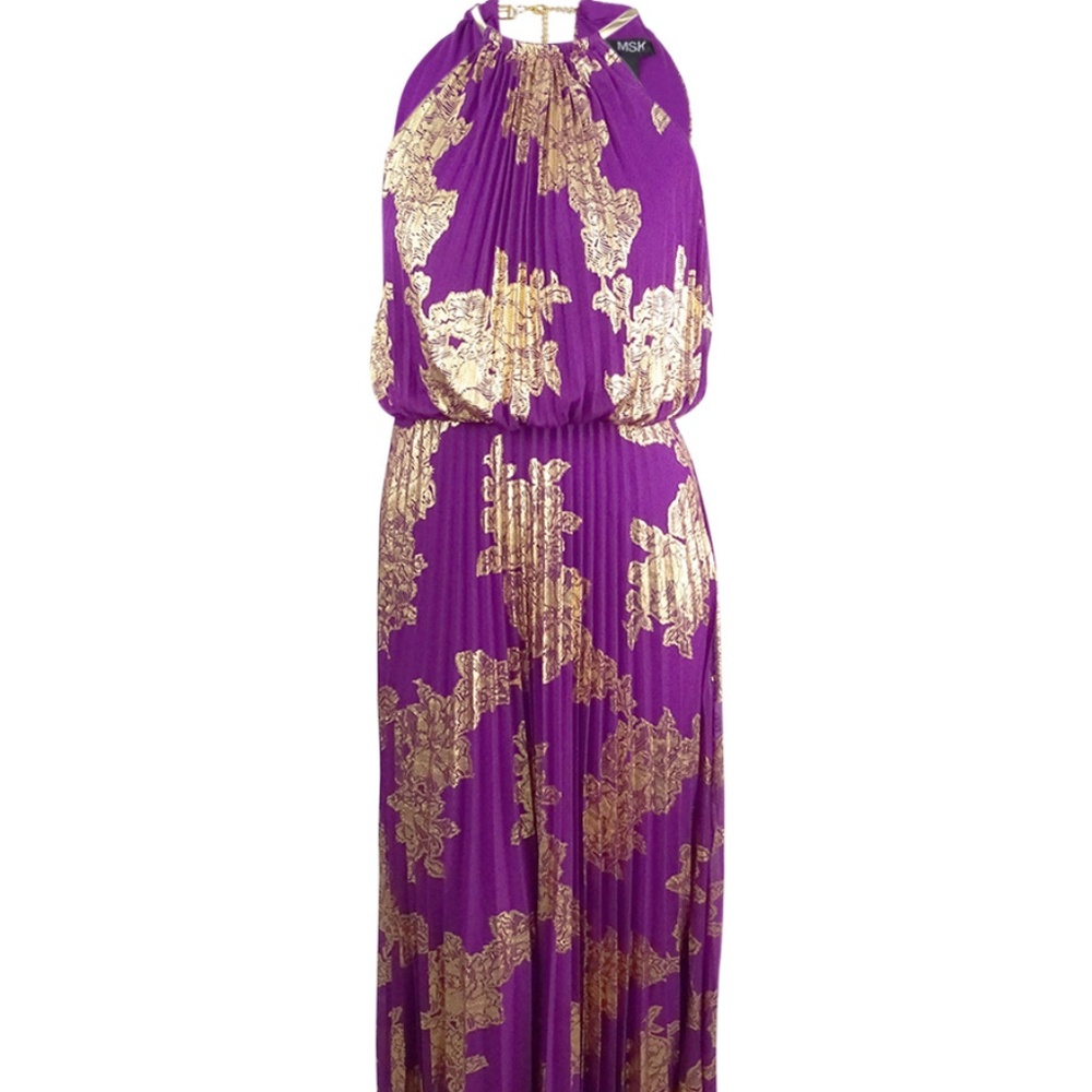 Metallic-Print Pleated Maxi Gown